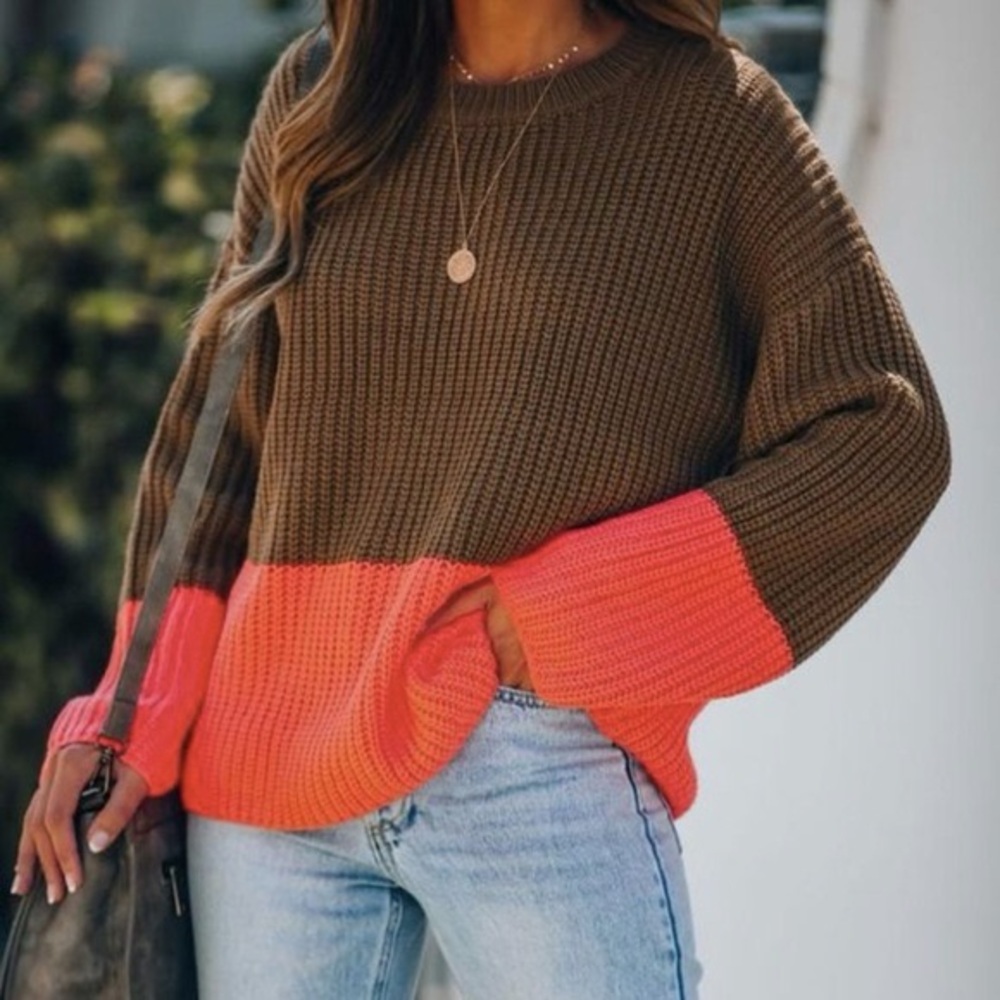 Lush Womens Chunky Knit Color Block Oversized
Sweater Olive Orange